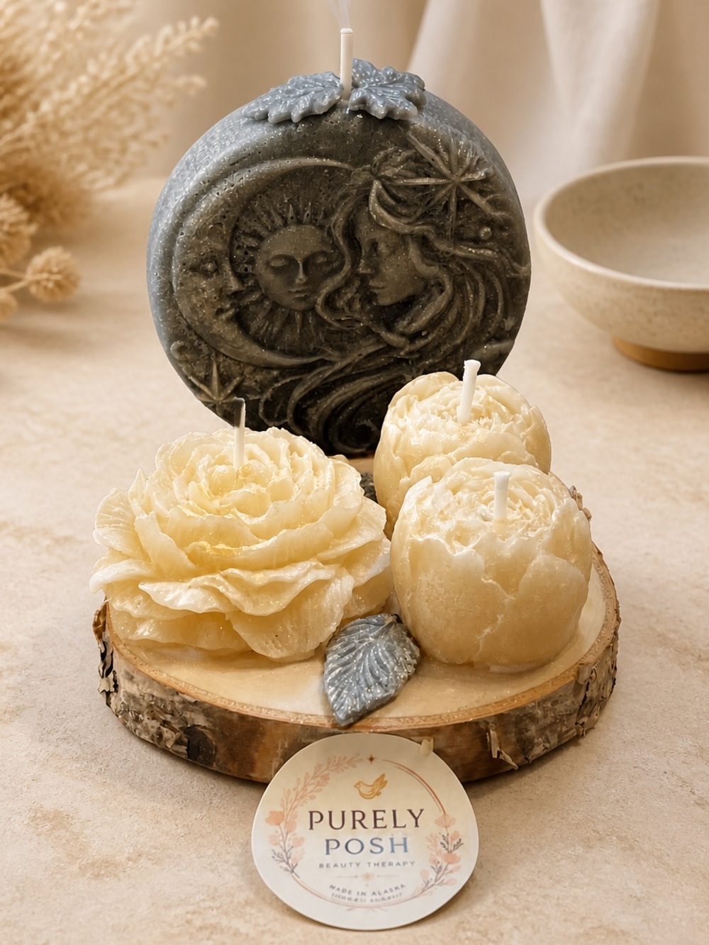 Sun & Moon Celestial Star Dust Soy Candle Set Flowers on Live Edge Alaskan Birch